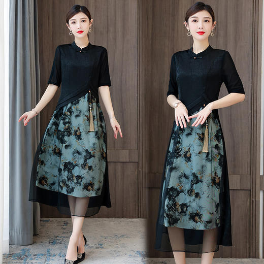 设计感立领五分袖斜襟A字长裙气质改良旗袍裙AHM-spg8568 商品图1