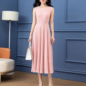 SSGS-C551新款时尚优雅气质收腰圆领无袖雪纺背心裙