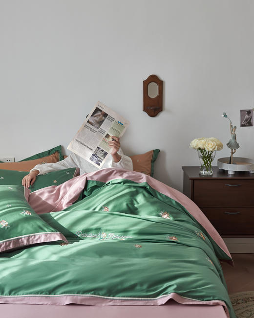 【下架】自然醒60支贡缎素色绣花套件长绒棉四件套被套床单抗菌床上用品LB 商品图0