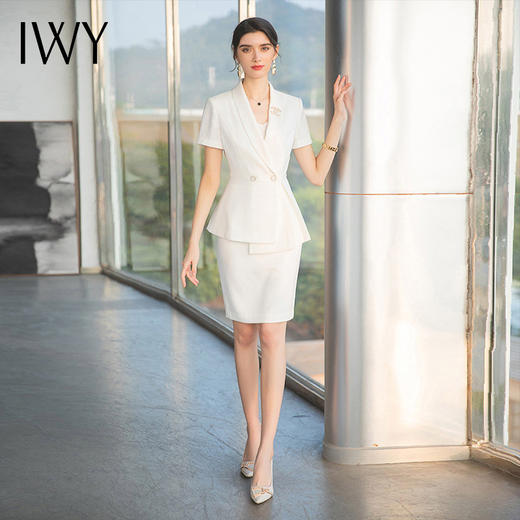 IWY/白色薄款夏季短袖西装半裙女职业装主持人商务正装美容院工作服OL CS1542 商品图0