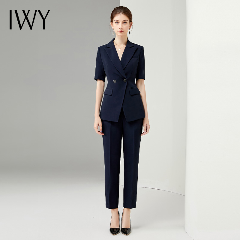 IWY/高端职业装女夏季气质藏青短袖西装套装公务员面试职业工作服正装CP11237