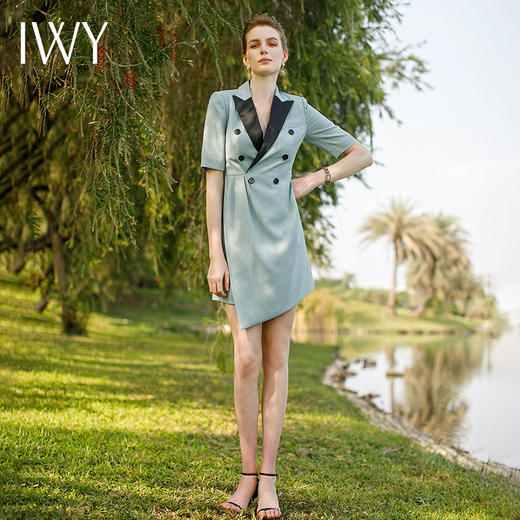 IWY/气质短袖拼接西装连衣裙女时尚气质美容院工作服播音主持艺考正装222065Q1 商品图0