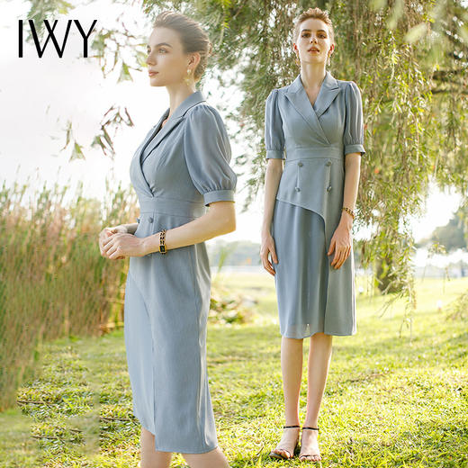 IWY/蓝色名媛职业西装连衣裙女夏高级感播音主持人正装工作服气质套裙222079Q1 商品图3