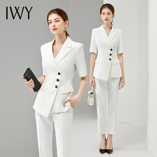 IWY/气质白色短袖西服套装女设计感小西装播音主持职业装显瘦修身正装CP11250 商品图4