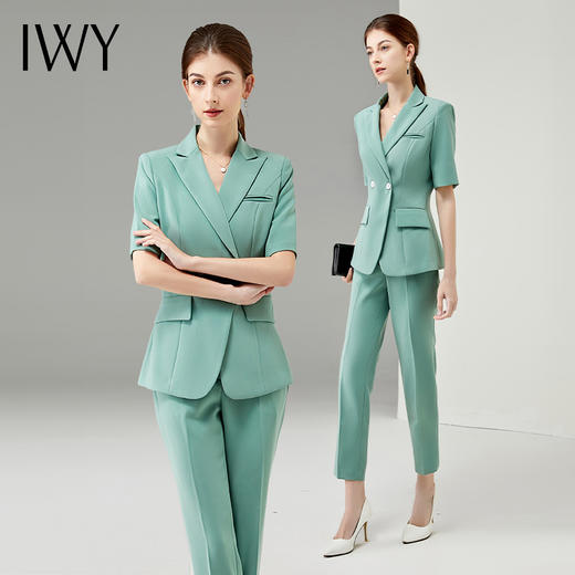 IWY/绿色短袖职业装女士高级感西装套装夏季薄款气质工作服商务正装OL CP11235 商品图0