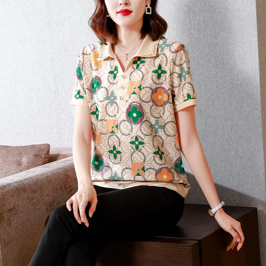 夏装新款通勤短袖T恤,时尚印花中年妈妈翻领半袖popl小衫KQL-6689 商品图1