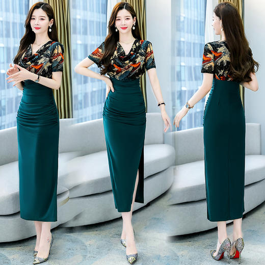 水晶麻 弹力修身连衣裙女短袖印花中长裙子HR-MXE8213 商品图1