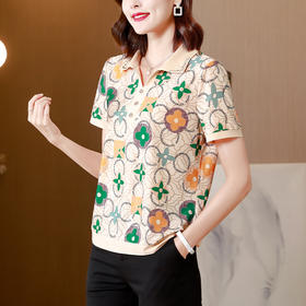 夏装新款通勤短袖T恤,时尚印花中年妈妈翻领半袖popl小衫KQL-6689