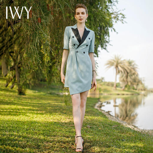 IWY/气质短袖拼接西装连衣裙女时尚气质美容院工作服播音主持艺考正装222065Q1 商品图1