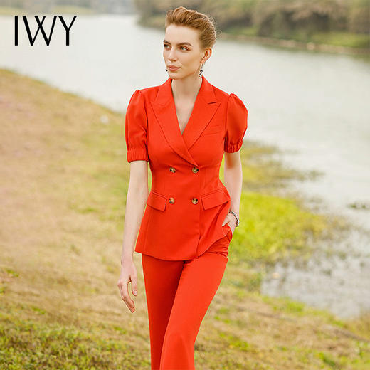 IWY/红色西装套装女夏季薄款高级感职业装短袖美容院工作服主持人正装222063C1+P2 商品图3