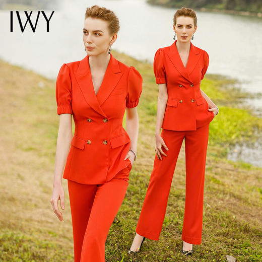 IWY/红色西装套装女夏季薄款高级感职业装短袖美容院工作服主持人正装222063C1+P2 商品图0