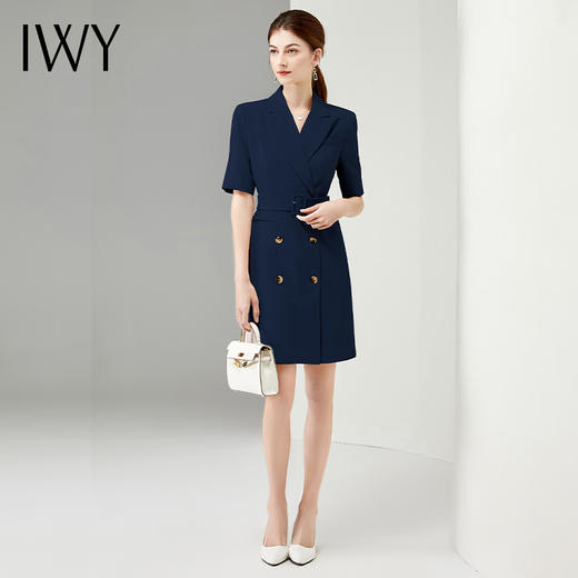 IWY/高端职业连衣裙女2022夏季修身显瘦藏青色气质短袖西装裙工装正装Q11248 商品图1