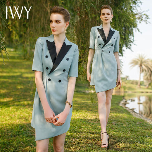 IWY/气质短袖拼接西装连衣裙女时尚气质美容院工作服播音主持艺考正装222065Q1 商品图4
