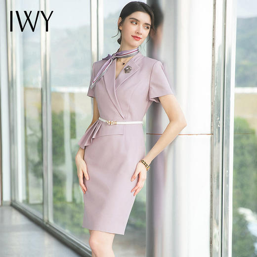IWY/名媛紫色短袖连衣裙女正装高级感裙子高端职业套装美容院工作服Ol Q707 商品图3