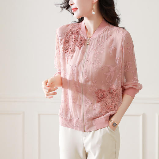 宽松舒适，薄款刺绣长袖棒球服仿真丝外套KQL-7796 商品图2