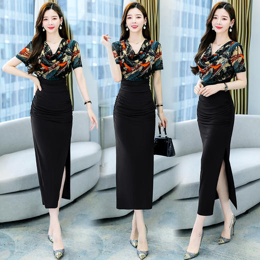 水晶麻 弹力修身连衣裙女短袖印花中长裙子HR-MXE8213 商品图2