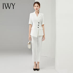 IWY/气质白色短袖西服套装女设计感小西装播音主持职业装显瘦修身正装CP11250