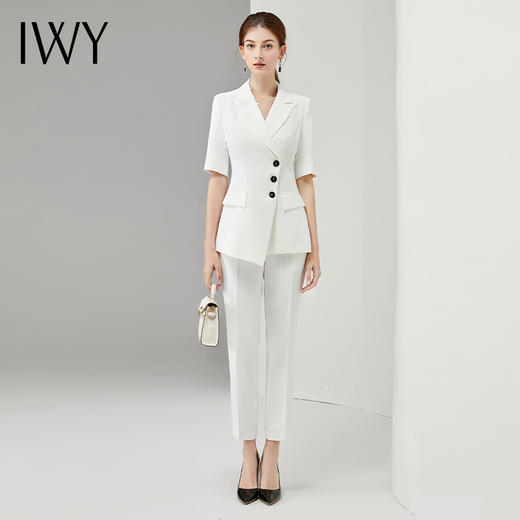 IWY/气质白色短袖西服套装女设计感小西装播音主持职业装显瘦修身正装CP11250 商品图0
