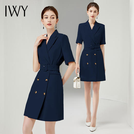 IWY/高端职业连衣裙女2022夏季修身显瘦藏青色气质短袖西装裙工装正装Q11248 商品图0