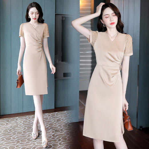 夏季新款收腰显瘦气质不规则开叉黑色设计感连衣裙HR-WX5589 商品图2