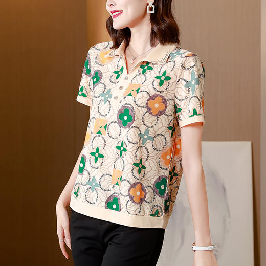 夏装新款通勤短袖T恤,时尚印花中年妈妈翻领半袖popl小衫KQL-6689 商品图3
