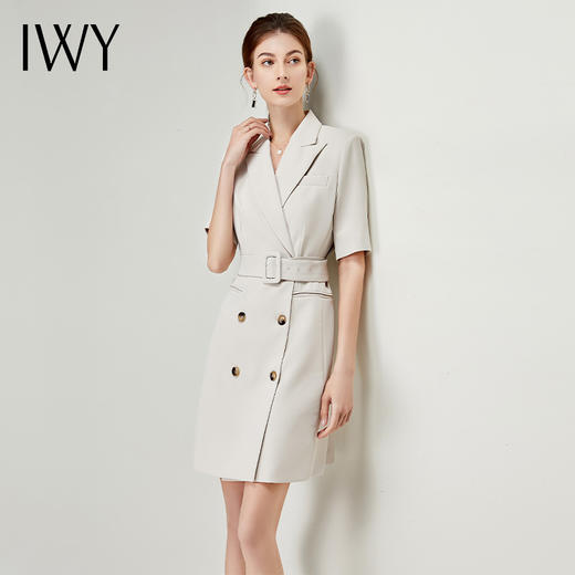 IWY/气质短袖西装连衣裙子女杏色双排扣高端商务职业装摄影婚纱工作服013248 商品图3