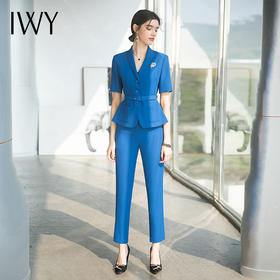 IWY/蓝色短袖西装套裤女夏季职业装酒店前台接待西服正装医美工作服OL CP1538