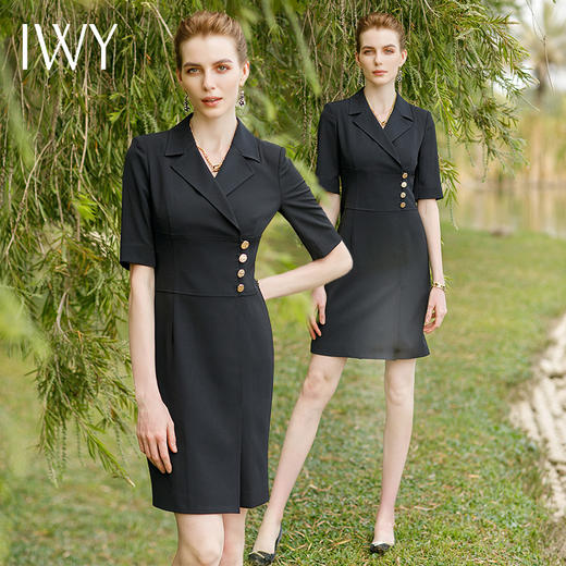IWY/高端黑色正装职业连衣裙女夏季主持人工作服西装套裙气质修身裙子222074Q1 商品图4