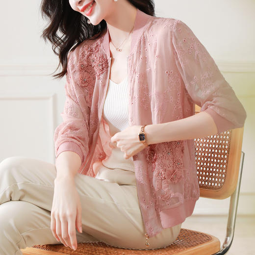 宽松舒适，薄款刺绣长袖棒球服仿真丝外套KQL-7796 商品图1