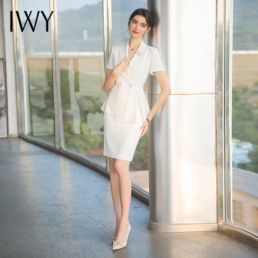 IWY/白色薄款夏季短袖西装半裙女职业装主持人商务正装美容院工作服OL CS1542 商品图3