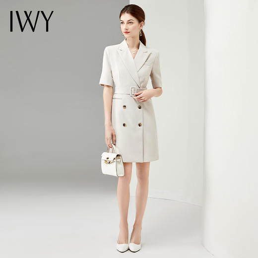 IWY/气质短袖西装连衣裙子女杏色双排扣高端商务职业装摄影婚纱工作服013248 商品图1
