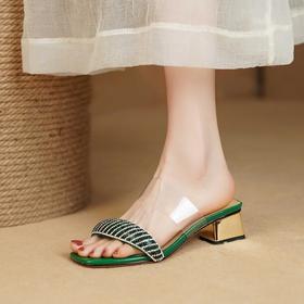 优雅百搭，透明带镶钻粗跟凉拖JZJ-B173-502