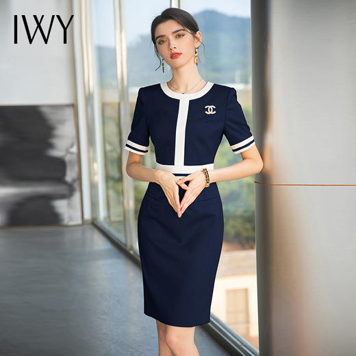 IWY/气质藏青职业西装连衣裙女前台接待正装美容院工作服播音艺考套裙Q710-ZL 商品图0