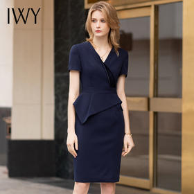 IWY/夏季短袖职业气质连衣裙藏青色职业装套裙前台工作装女售楼部工装Q706