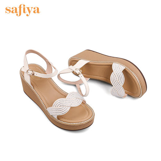 Safiya索菲娅羊皮烫钻罗马坡跟凉鞋2022新款一字带增高凉拖SF22115163 商品图5