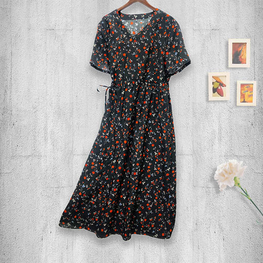 丁摩 苎麻连衣裙旅行印花收腰显瘦棉麻裙子Q122048HS-DY199 商品图14