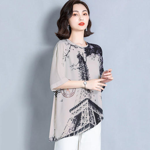 MTS-XF 2022新款上衣短袖妈妈大码碎花雪纺衬衫女夏装洋气遮肚子小衫 商品图1