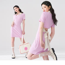 西遇POLO领连衣裙女2022年夏季新款粉色针织显瘦露背系带小裙子D0020919
