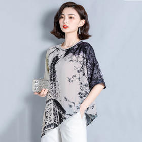 MTS-XF 2022新款上衣短袖妈妈大码碎花雪纺衬衫女夏装洋气遮肚子小衫