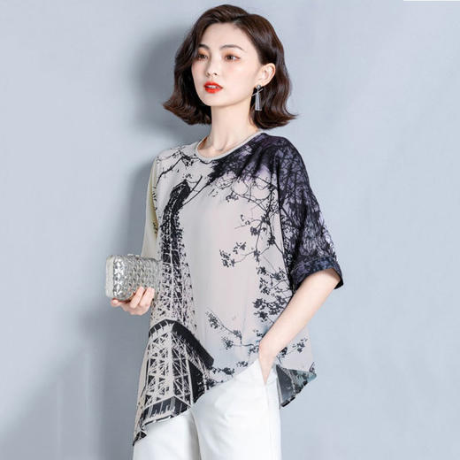 MTS-XF 2022新款上衣短袖妈妈大码碎花雪纺衬衫女夏装洋气遮肚子小衫 商品图0