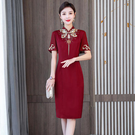 AHM-yqwl5181新款优雅气质修身立领短袖中长款连衣裙 商品图0