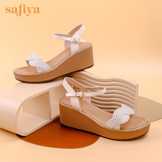 Safiya索菲娅羊皮烫钻罗马坡跟凉鞋2022新款一字带增高凉拖SF22115163 商品图4