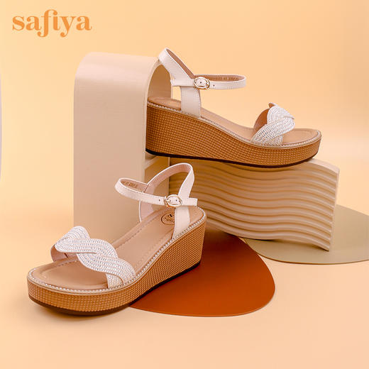 Safiya索菲娅羊皮烫钻罗马坡跟凉鞋2022新款一字带增高凉拖SF22115163 商品图2