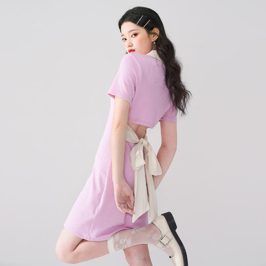 西遇POLO领连衣裙女2022年夏季新款粉色针织显瘦露背系带小裙子D0020919 商品图2