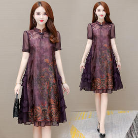 YWE XCH982改良版旗袍裙修身显瘦大码印花连衣裙