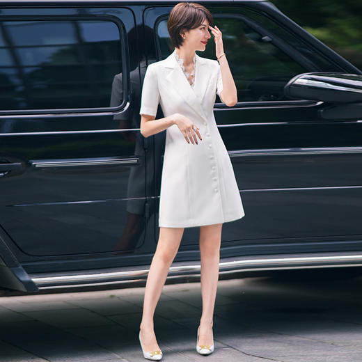 白色西装连衣裙女夏新款职业装气质女神范修身蕾丝拼接裙子 商品图1