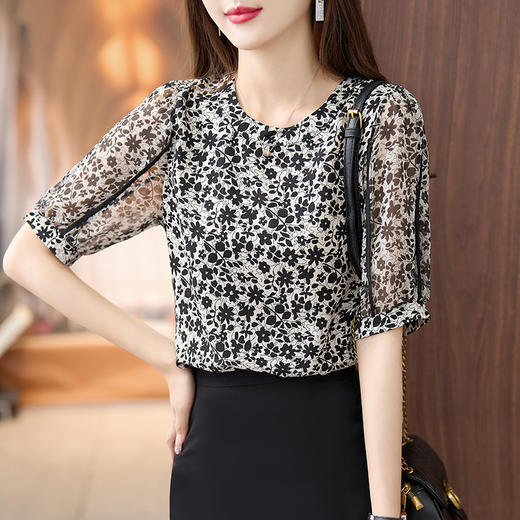 时尚印花，新款轻薄洋气短袖衬衫圆领雪纺碎花小衫KQL-2109 商品图3