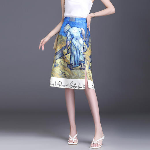 修身时尚，中长款印花拼接高腰侧开叉国风气质半身裙MYX-9970 商品图1