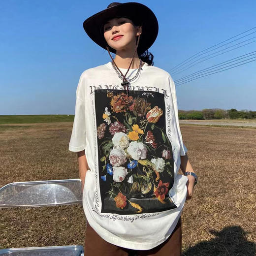 【美式复古花卉短袖T恤，时尚美观】黛唯梵爆款纯棉T恤，2022新款，小众设计上衣热卖 商品图3