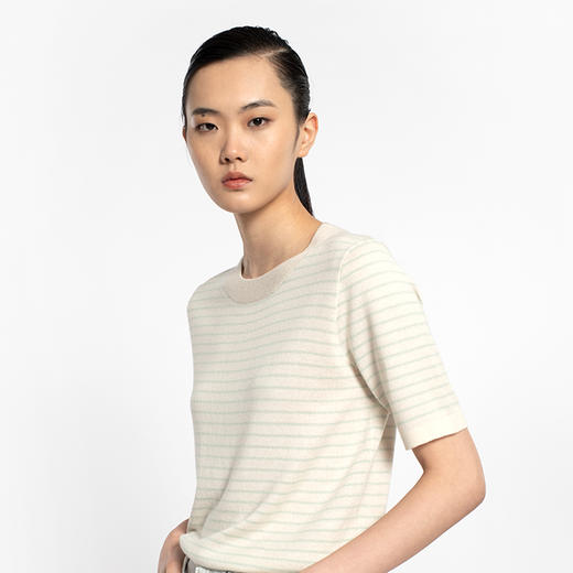 女士2022新款16针虚线纹理丝羊绒条纹针织T恤 商品图2
